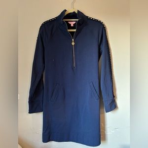 Lilly Pulitzer Skipper Popover Navy Blue Sweater Dress Cotton
Blend Pockets